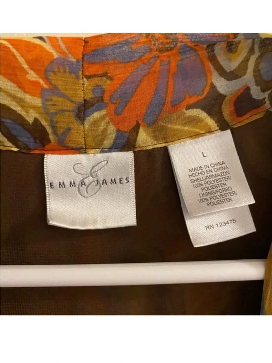 Floral Tie-Neck Sleeveless Blouse in Orange and Olive- sz L - Picture 4 of 4